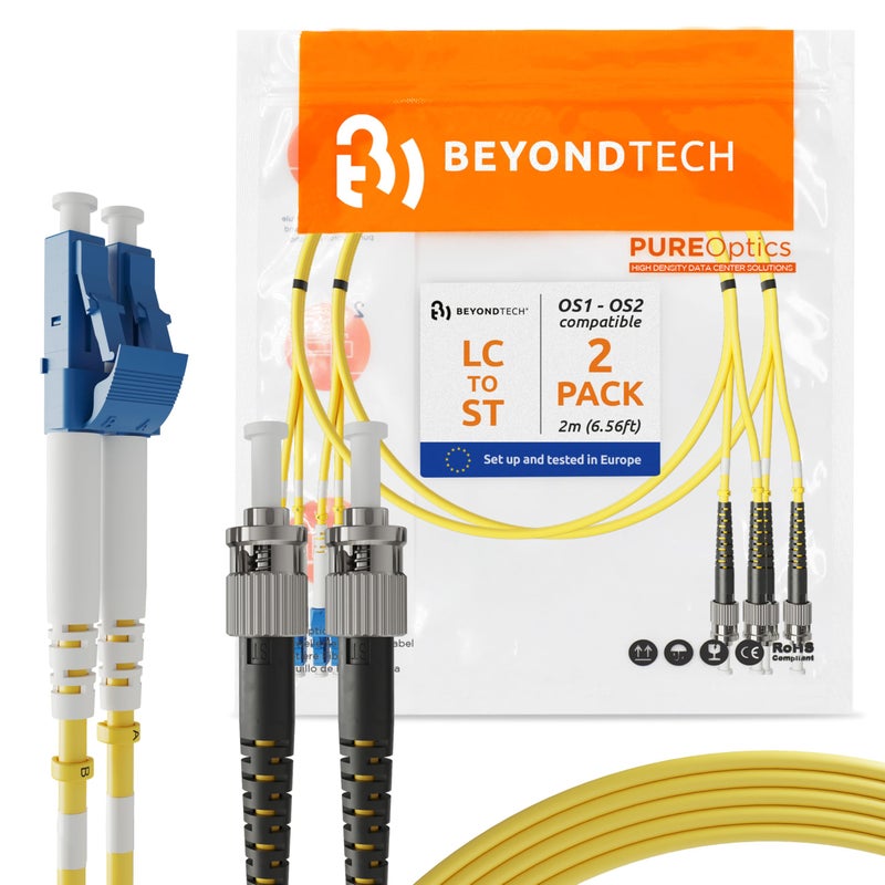 BEYONDTECH 2m (6.56ft) LC to ST Fiber Patch Cable â€“ (2 Pack) UPC Single-Mode Duplex Fiber Optic Cable â€“ 9/125Âµm core, Compatible with OS1 & OS2 â€“ LSZH PUREOptics Series - Image 1